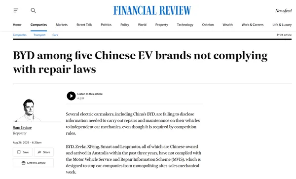 mk体育官网-最高1000万澳元处罚！中国车企在澳洲因维修权被警告